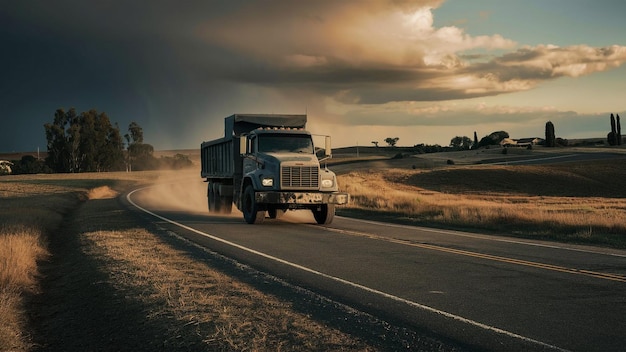 a truck driving down a road with a sky in the background