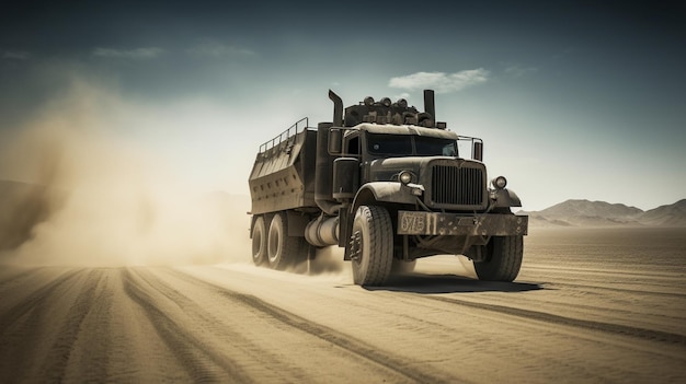 A truck driving on a dusty road with dust in the air.