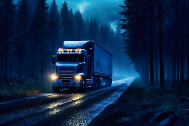 A truck driving at night on its night road