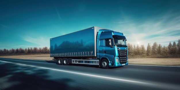 Truck driving on the road with beautiful landscape motion blur background Generative AI