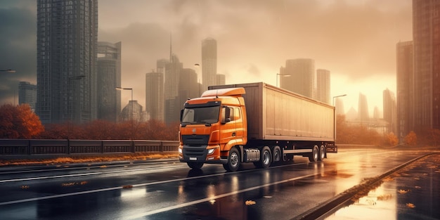 Truck driving on the road with cityscape motion blur background Generative AI