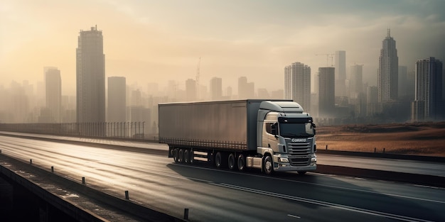 Truck driving on the road with cityscape motion blur background Generative AI