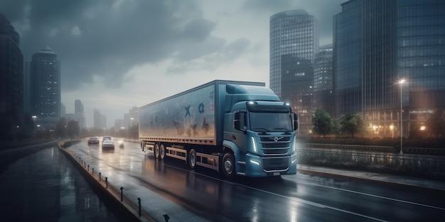 Truck driving on the road with cityscape motion blur background Generative AI