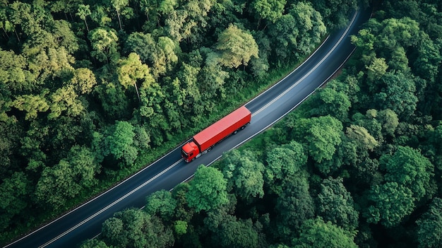 Photo truck driving through green forest birds eye view