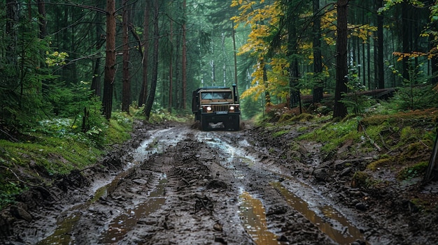 Photo truck driving through muddy forest path