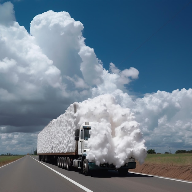 A Truck Full of White Clouds Is Driving on the Road