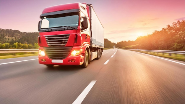 truck on highway close up of the lights on an empty motorway with red lorry driving at high speed