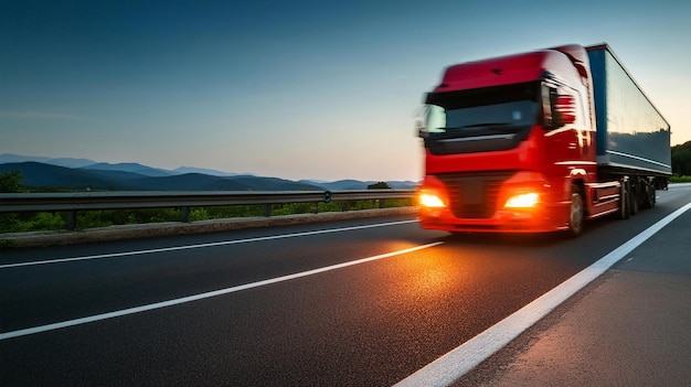 truck on highway close up of the lights on an empty motorway with red lorry driving at high speed