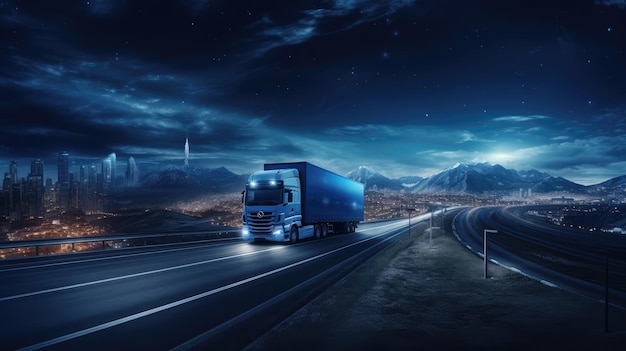 Truck on highway at night with cityscape Transportation and logistics concept