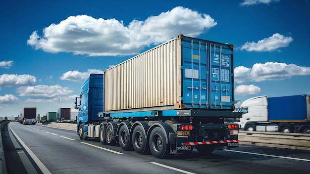 Truck on highway road with containerlogistic industrial with blue sky