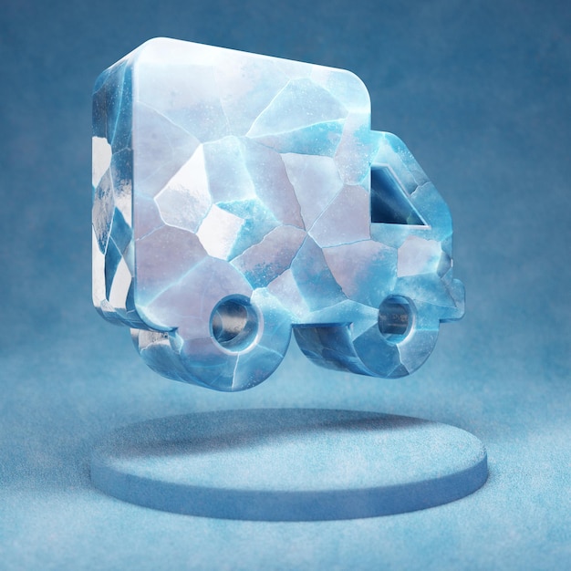 Truck icon. Cracked blue Ice Truck symbol on blue snow podium. Social Media Icon for website, presentation, design template element. 3D render.