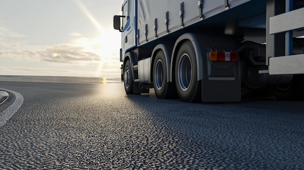 A truck is driving along the road. 3D image, 3D rendering.