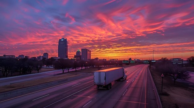 a truck is driving down the highway in front of a sunset