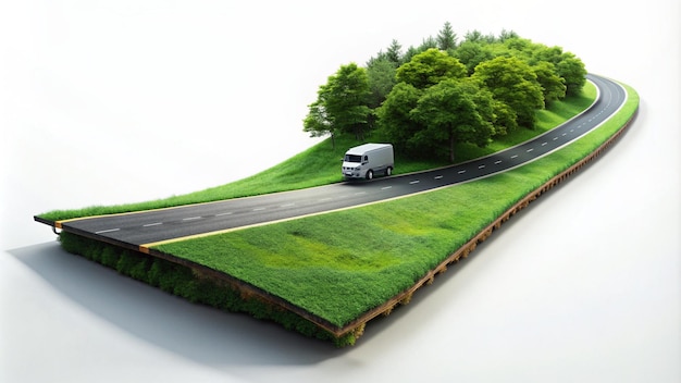 a truck is driving down a road with grass on the side