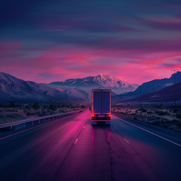 a truck is driving down a road with mountains in the background