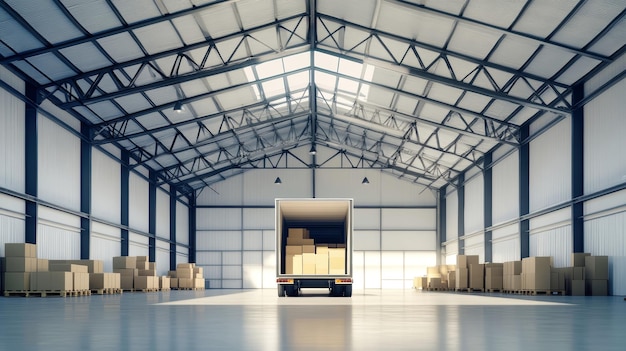 Photo a truck is parked inside a large warehouse its door ajar revealing neatly stacked cardboard boxes awaiting delivery in a bright and spacious environment