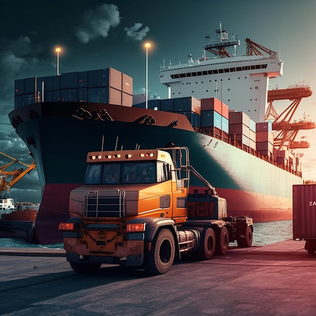 A truck is parked next to a large ship that says " port of rotterdam ".