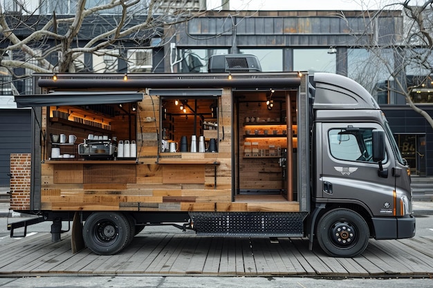 A truck is parked on the side of the road showcasing sleek industrial design A gourmet coffee truck showcasing sleek industrial design elements