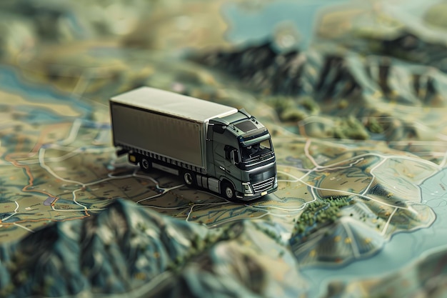 Photo a truck layout standing on a map with 3d landscape elementsa place for textthe concept of logistics and transportcargo transportation and deliveries