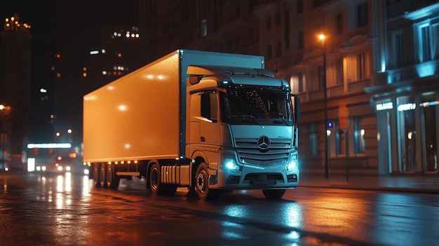 Photo truck mockup on city street at night