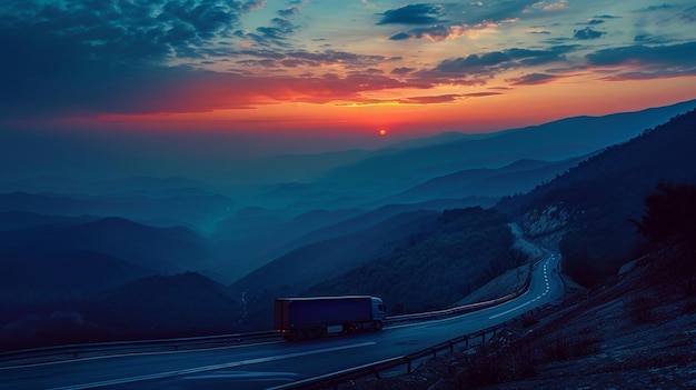 Photo truck on mountain road at dawn adventure scene