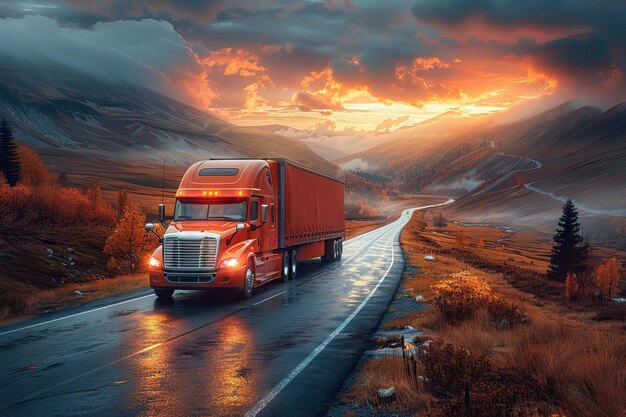 Truck on Mountain Road at Sunset Generative AI