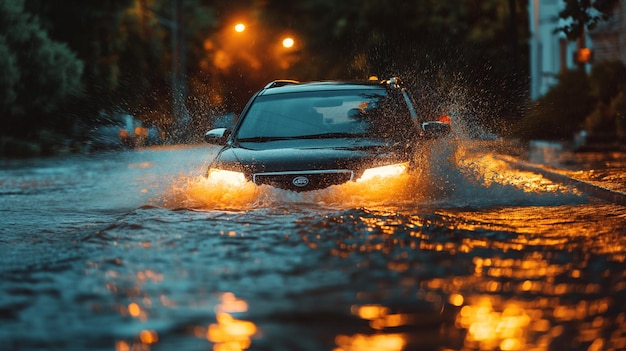 Truck navigating flooded road