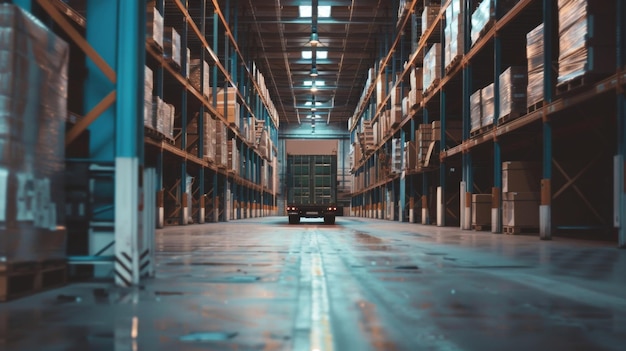 Truck positioned in a warehouse with high stacked shelves filled with boxes ready for loading and di