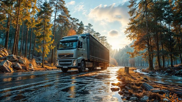 Truck on the road in the forest at sunset Freight transportation