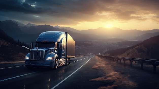 Truck on the road at sunset Concept of transportation and logistics