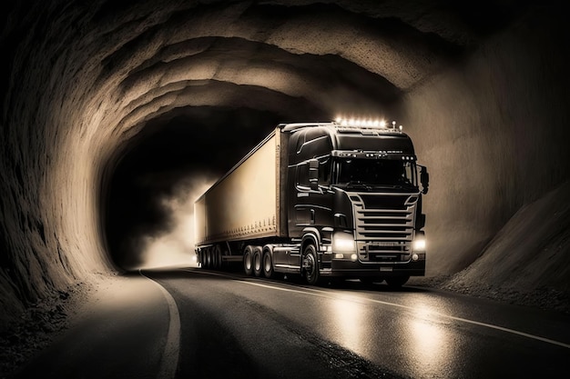 Truck on the road in the tunnel Cargo transportation concept Generative AI