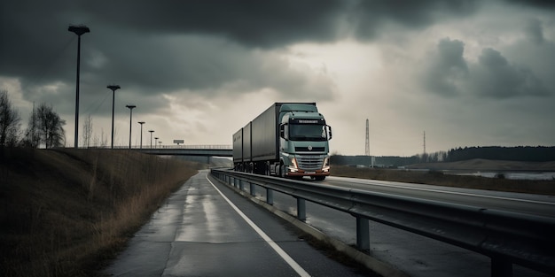 A truck on a road with a dark sky in the background