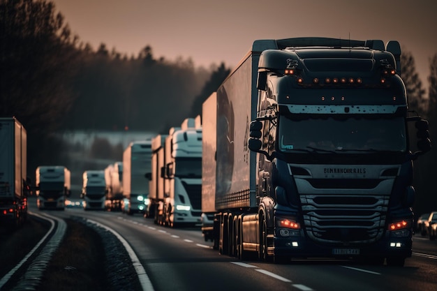 A truck on a road with a lot of other trucks on it