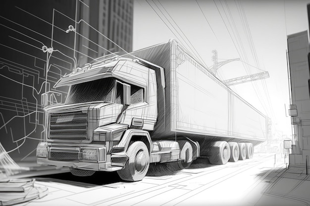 Truck scene in the future with a wireframe crossroads Illustration