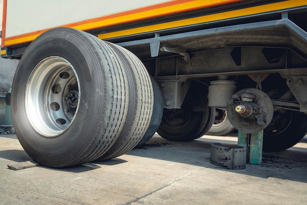 Truck Spare Wheels Tyre Waiting for to Change Semi Truck Maintenace and Repairing