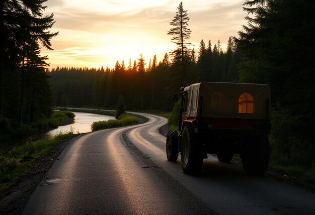 Photo a truck that is driving down a road with the sun shining on it