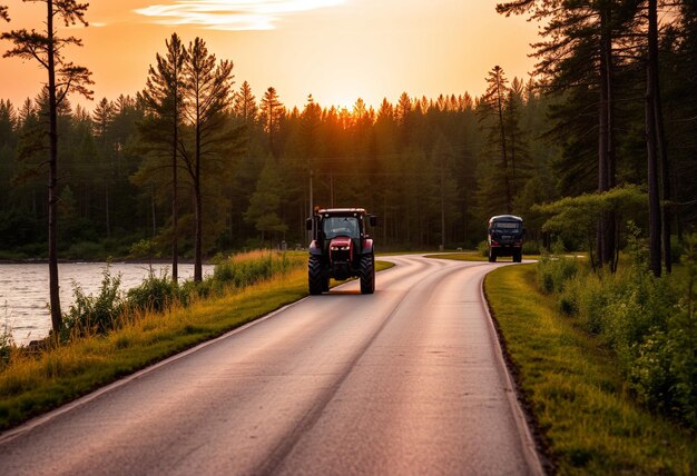 Photo a truck that is driving down a road with a sunset in the background