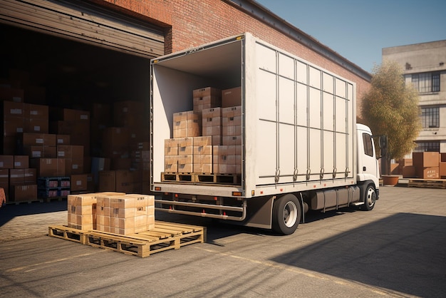 A truck that is preparing to transport goods