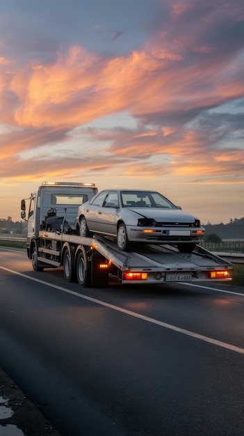 Photo truck tow the broken car onto the truck on the side of the road