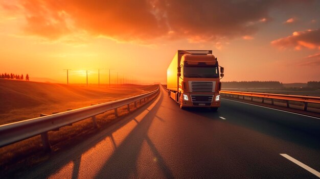 Truck on the track motorway sunrise or sunset the car makes international cargo transportation Generative AI