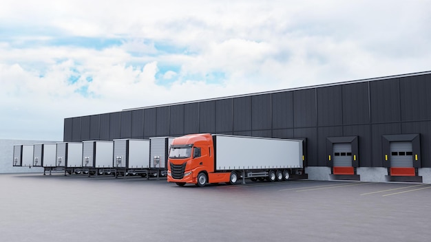 Truck and trailers in front of a warehouse loading dock