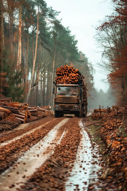 Photo a truck transporting timber from woodland