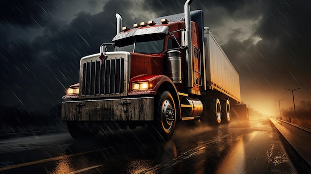 Truck on wet road in heavy rain under cloudy sky