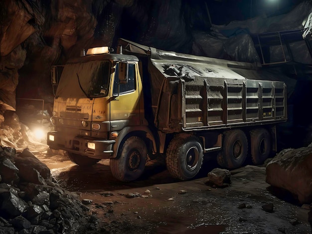 Truck with artificial lighting transporting coal in the mine