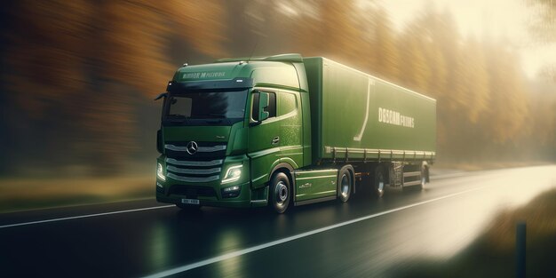 Truck with cargo driving on the road motion blur background Generative AI