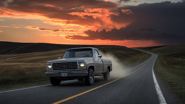 a truck with a dust cloud in the sky is driving down the road