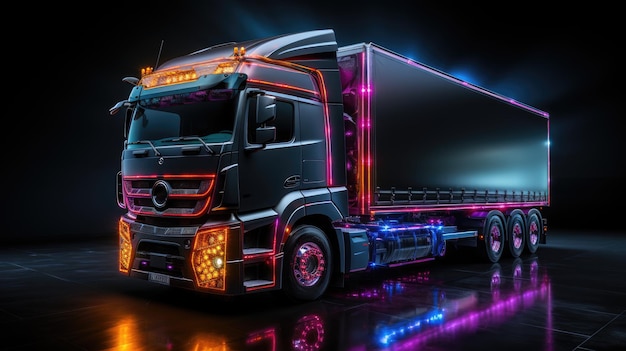 Truck with futuristic holographic display and neon lights Freight shipping international industry