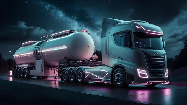 Truck with hydrogen fuel tank trailer at night Postproducted illustration