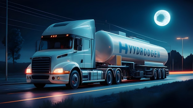 Truck with hydrogen fuel tank trailer at night Postproducted illustration