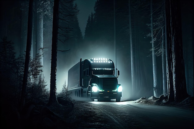 Truck with its headlights on speeding through dense forest at night